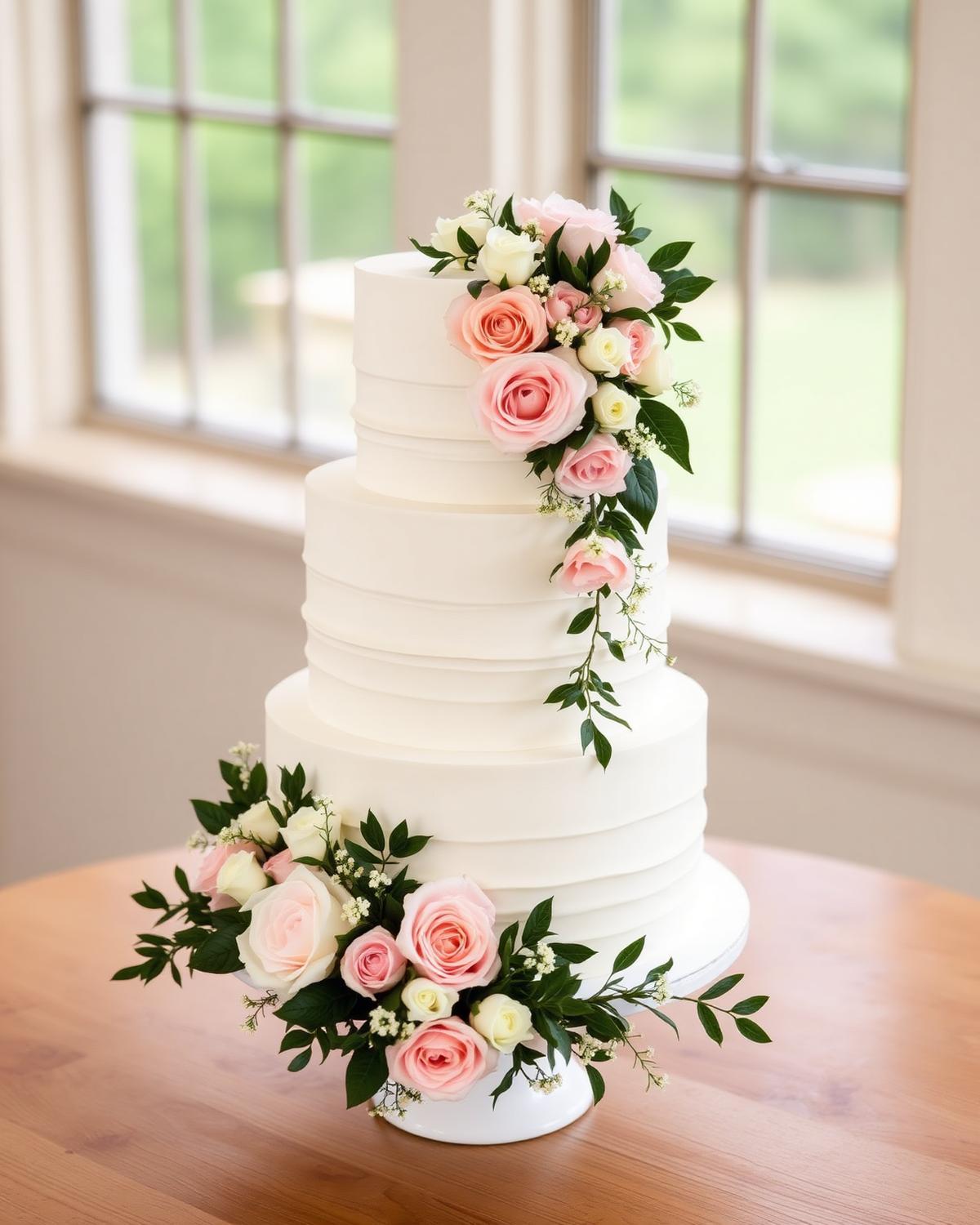 Tiered wedding cake with fresh flowers