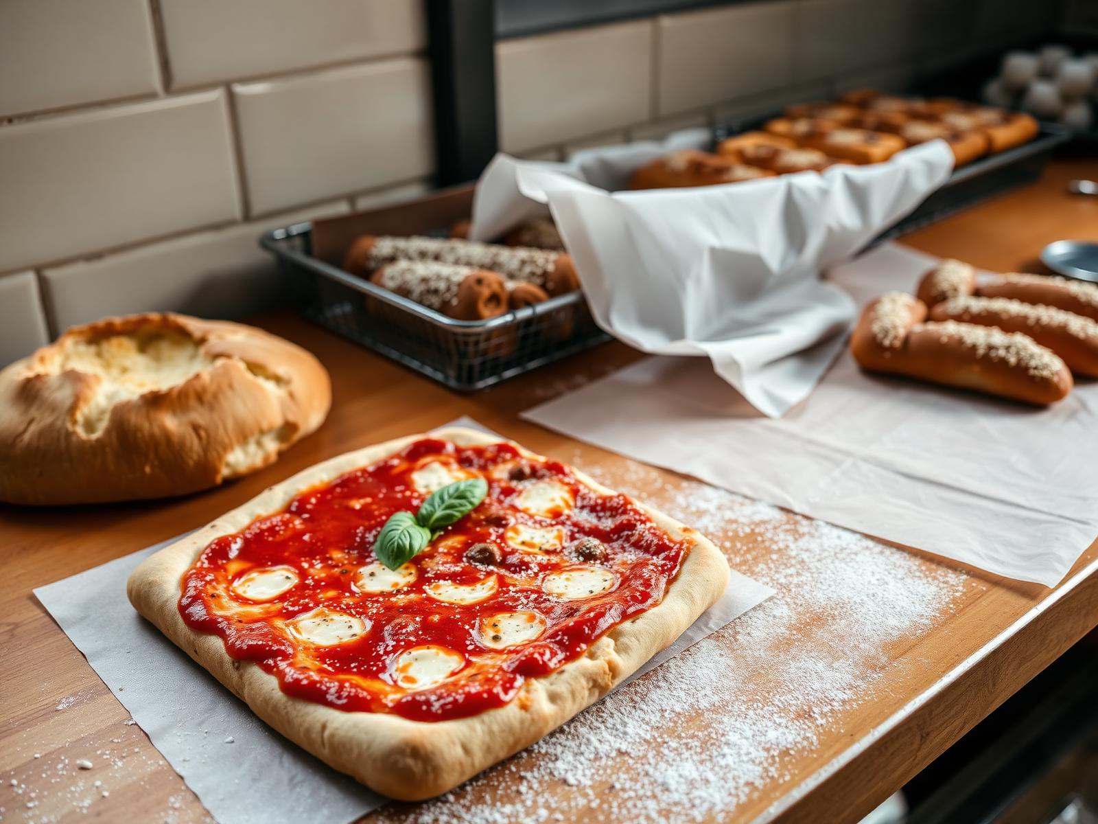 Square Sicilian pizza, fresh Italian bread and pastries on a bakery counter