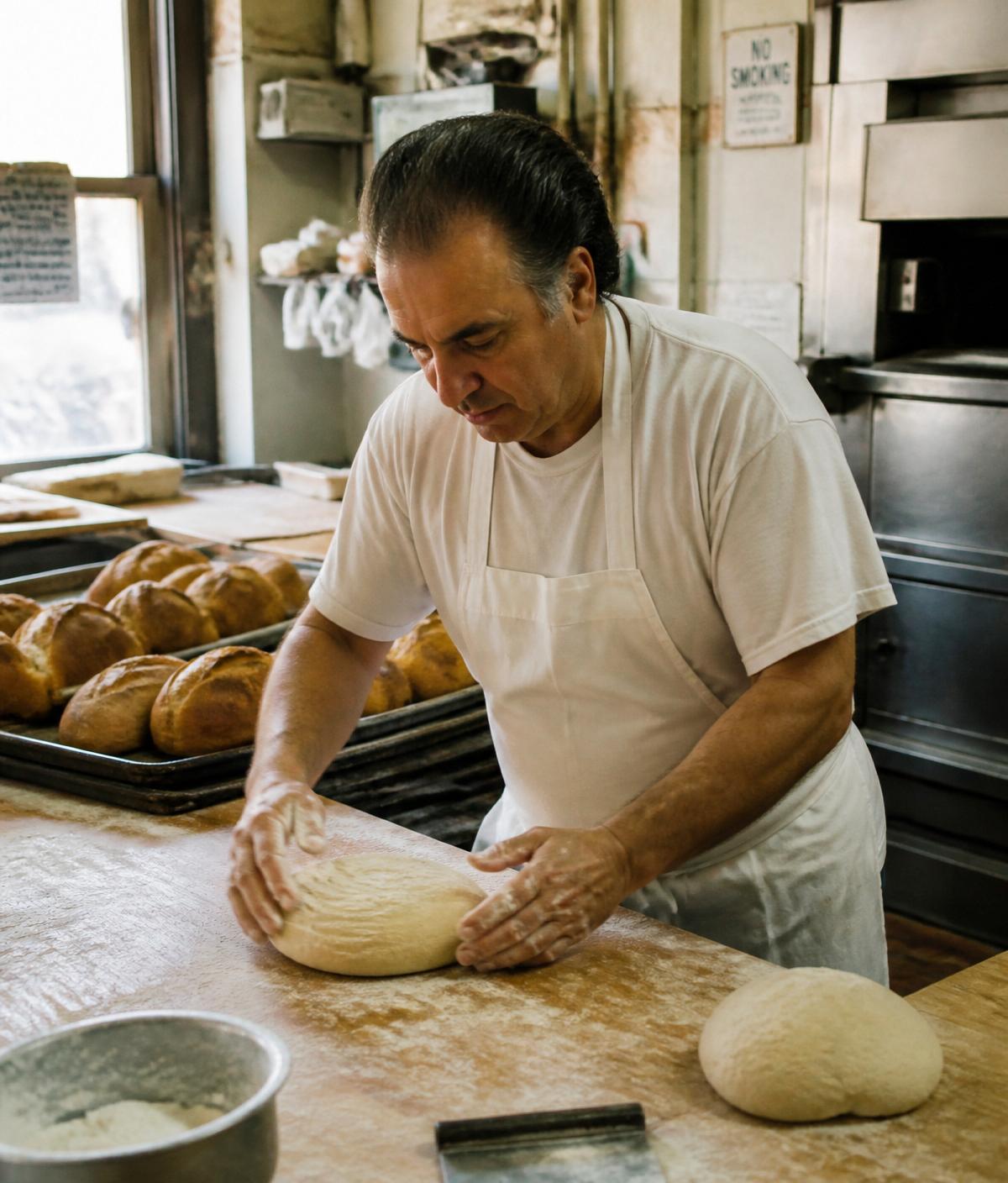 Inside the bakery — trays of bread and pastry