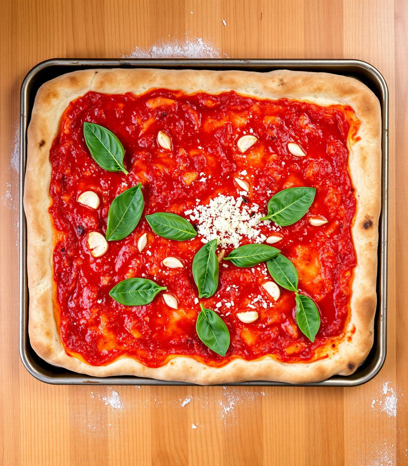 Square Sicilian pizza with basil and garlic